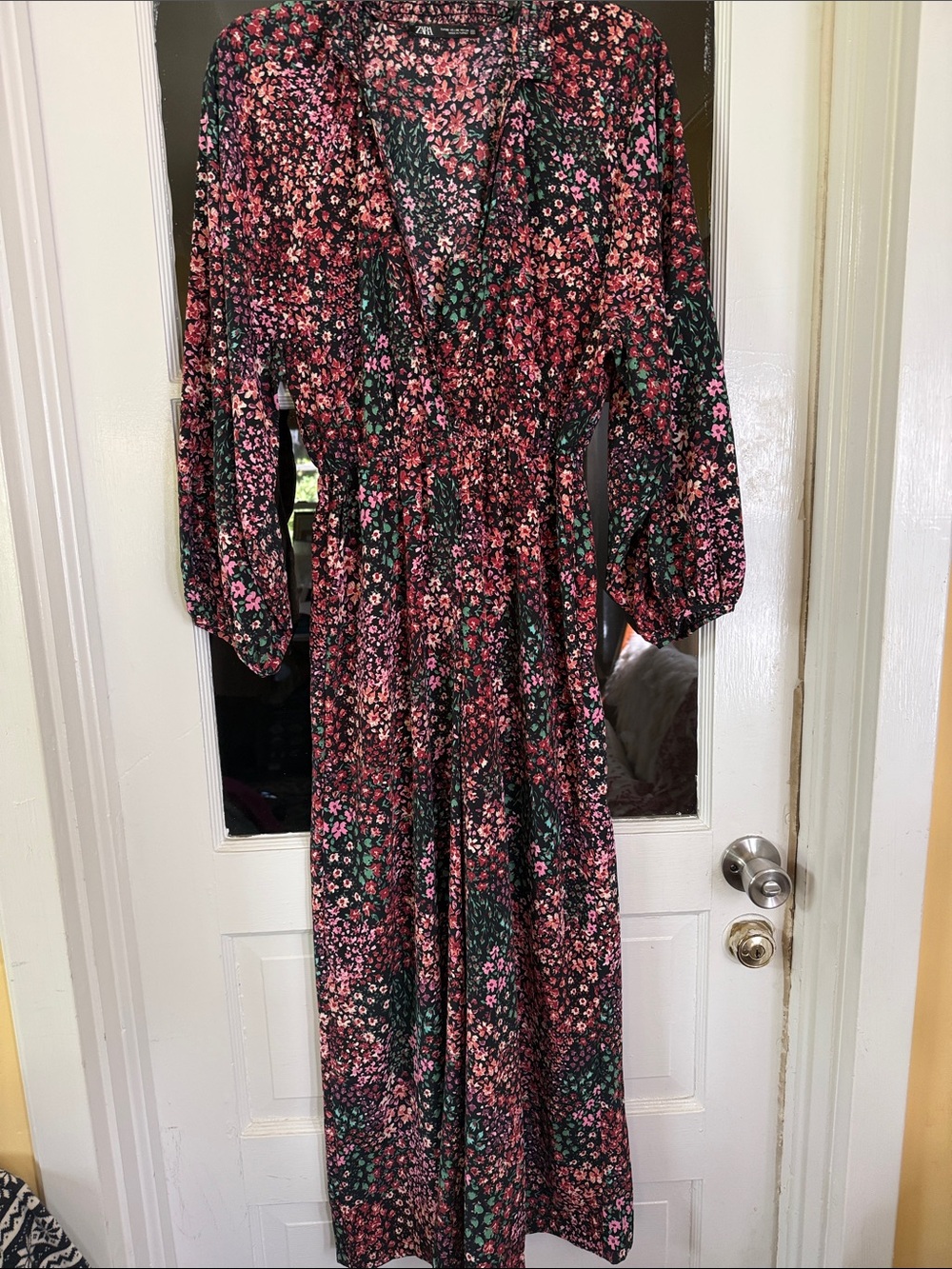 Zara Black Maxi Dress with Pink and Green Floral Print